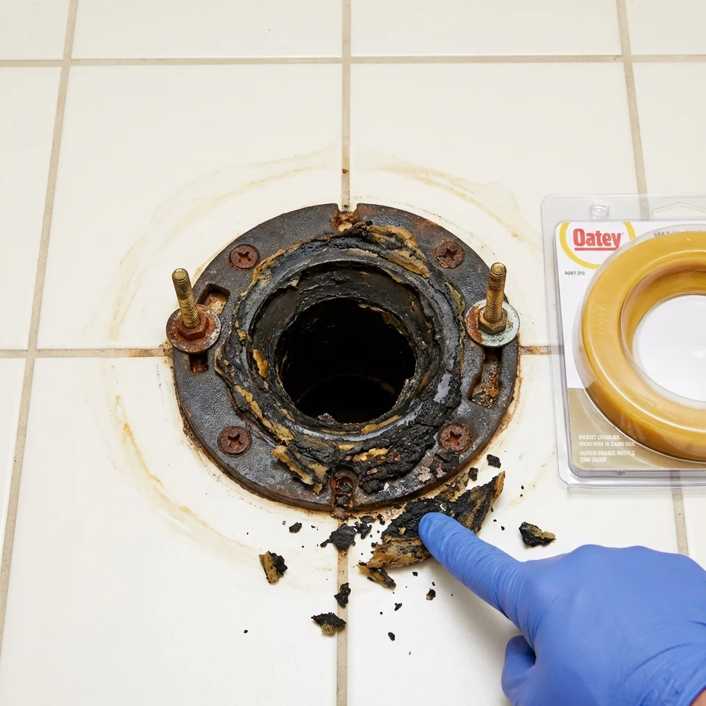 Failed wax ring showing water seepage at the base of a toilet in a Bristol, NH home